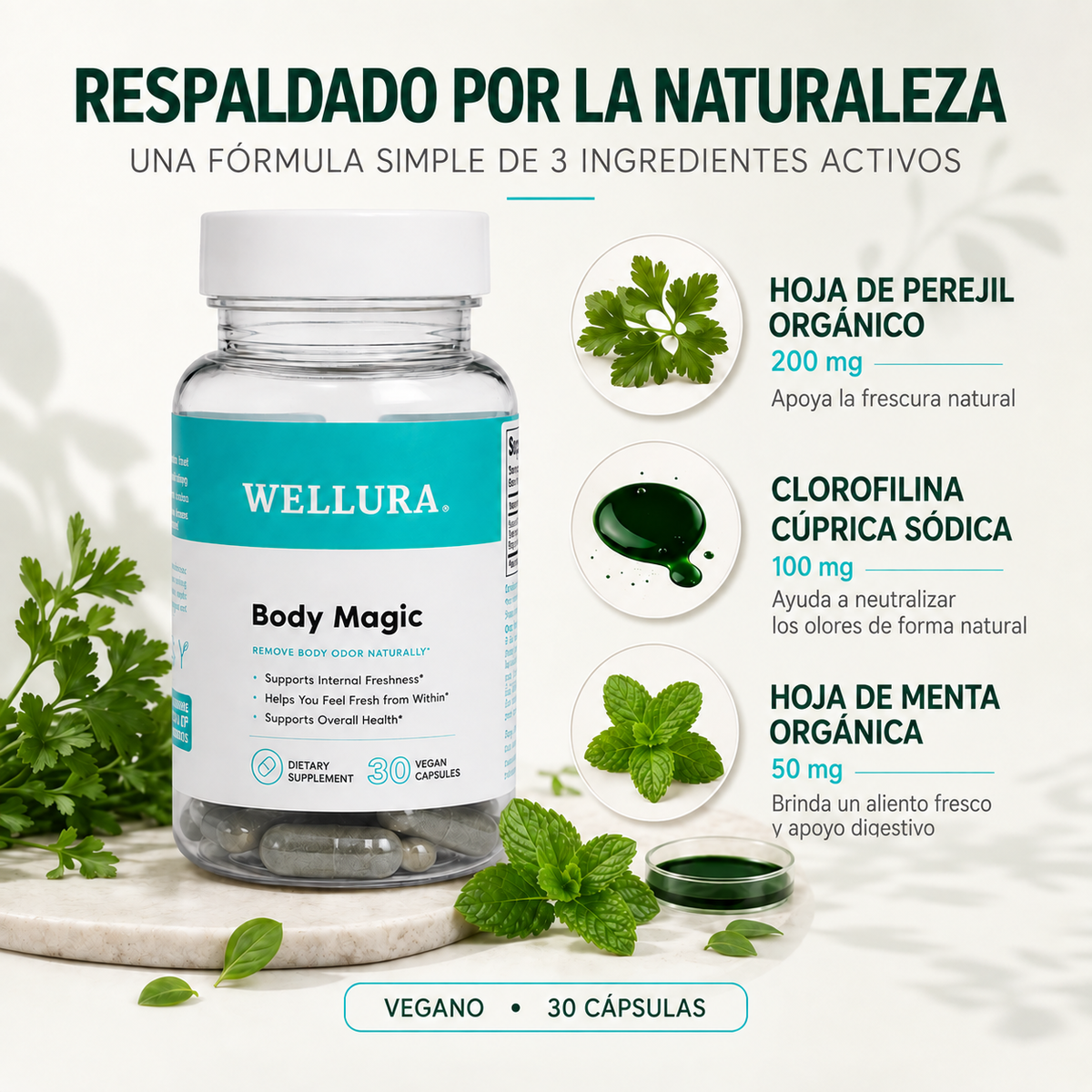 WELLURA® Body Magic — Cápsulas de Clorofila Antiolor y Desintoxicantes