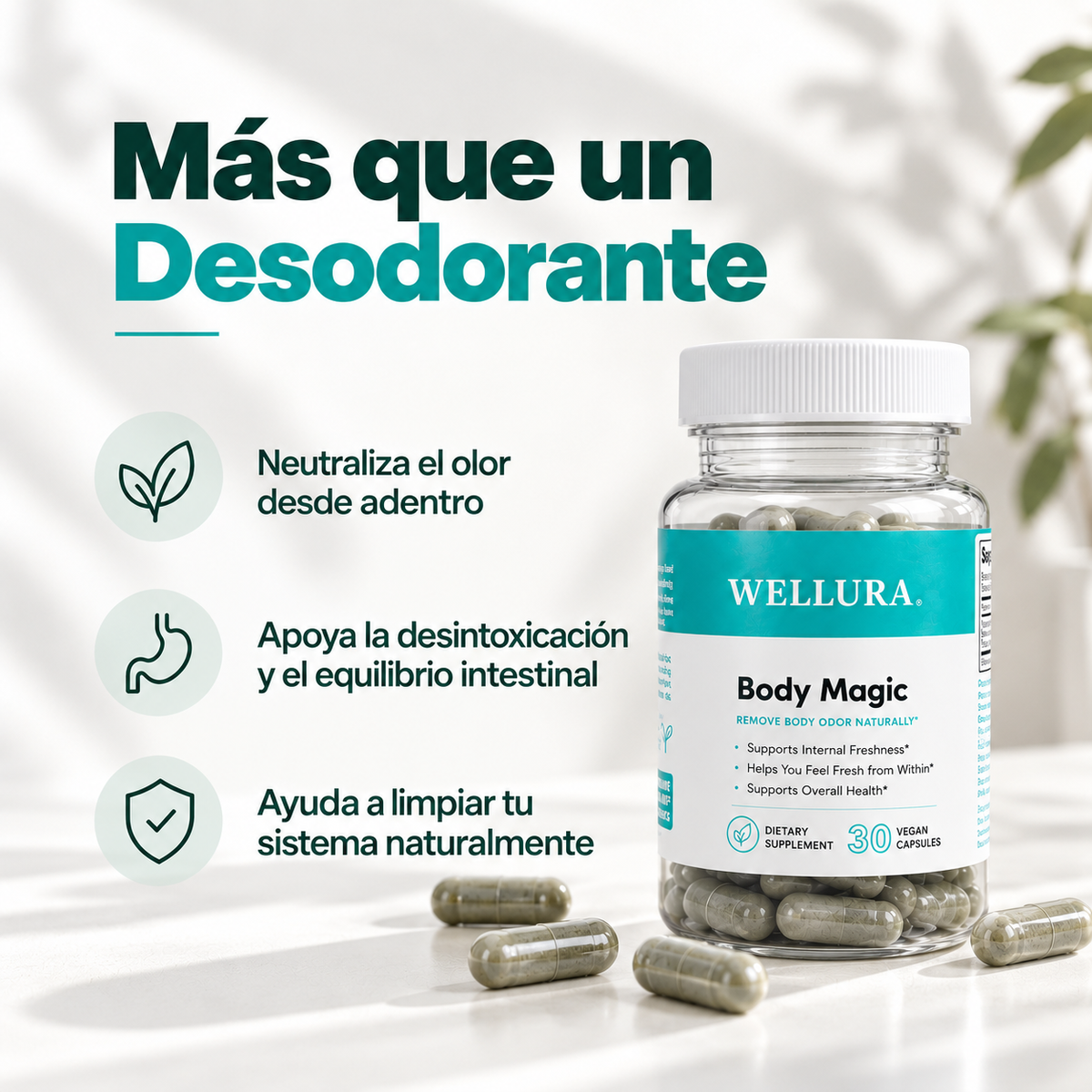 WELLURA® Body Magic — Cápsulas de Clorofila Antiolor y Desintoxicantes